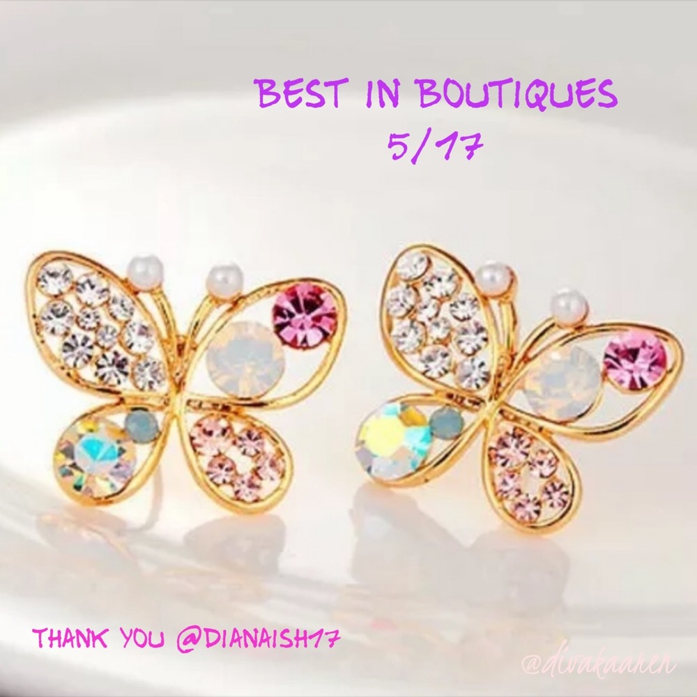 Multicolored Crystal/Pearl Butterfly Earrings Post - Picture 3 of 5